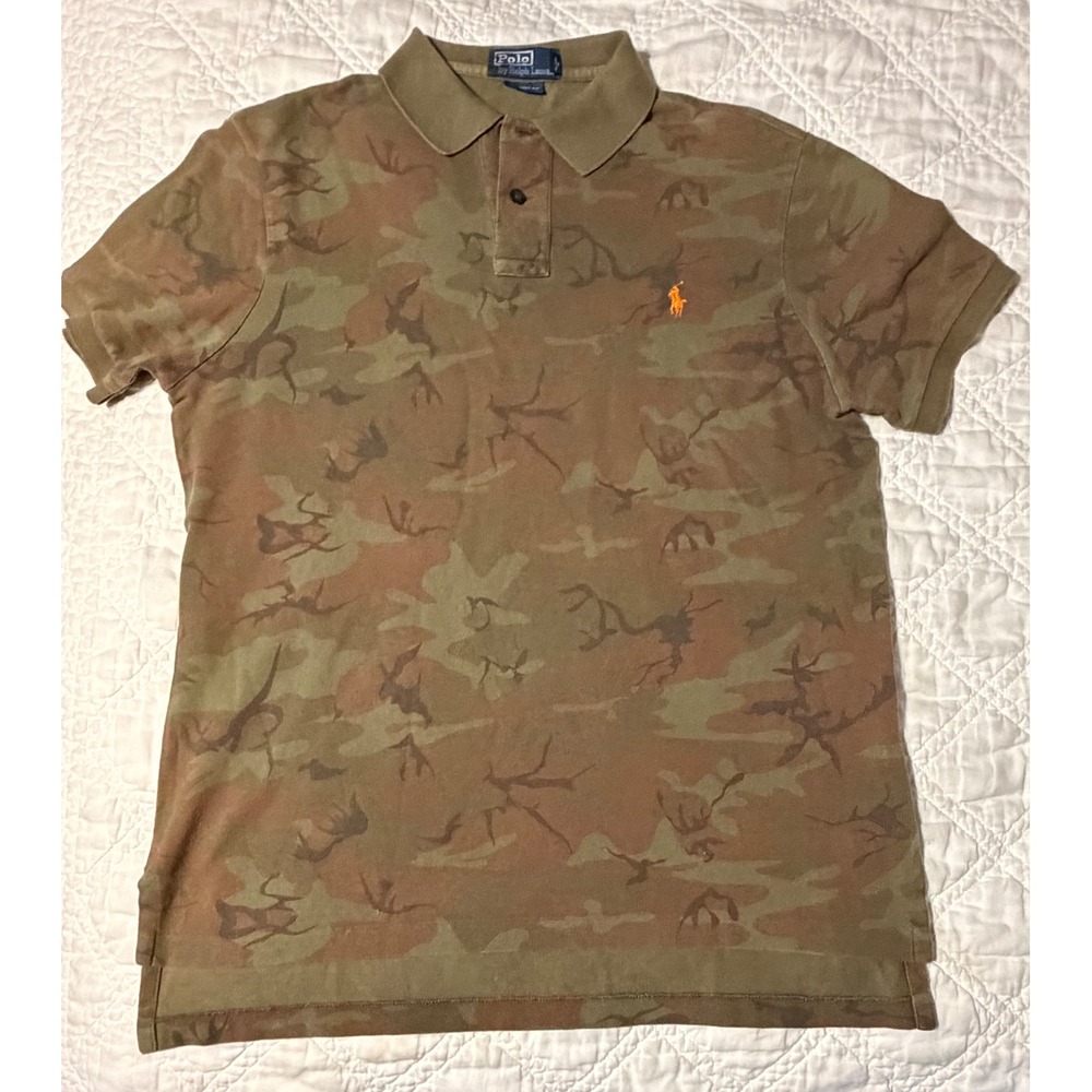 Polo Ralph Lauren Polo Shirt Mens Large Green Camo Custom Fit Orange Pony Logo